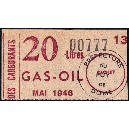20 litre Gas-Oil - Mai 1946 - Puy-de-Dôme - Etat : TTB+