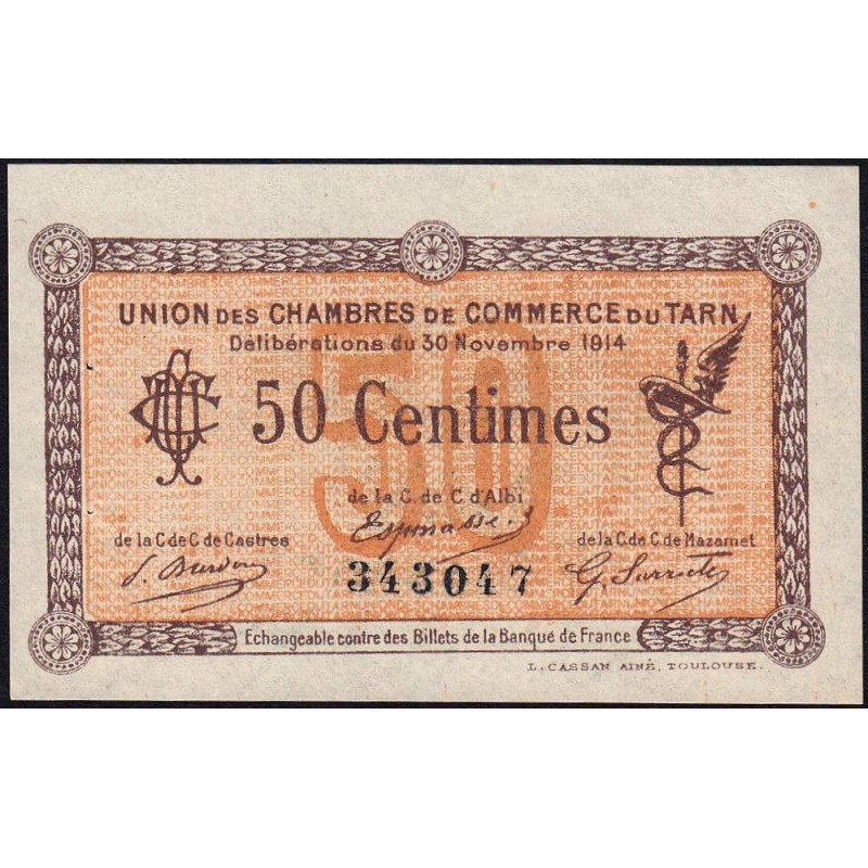 Albi, Castres, Mazamet (Tarn) - Pirot 5-1 variété - 50 centimes - 30/11/1914 - Etat : SUP+