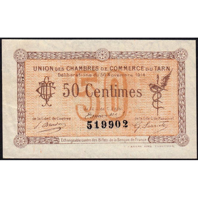 Albi, Castres, Mazamet (Tarn) - Pirot 5-1 variété - 50 centimes - 30/11/1914 - Etat : TTB