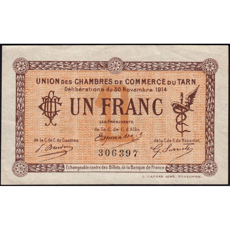Albi, Castres, Mazamet (Tarn) - Pirot 5-5 - 1 franc - 30/11/1914 - Etat : TTB