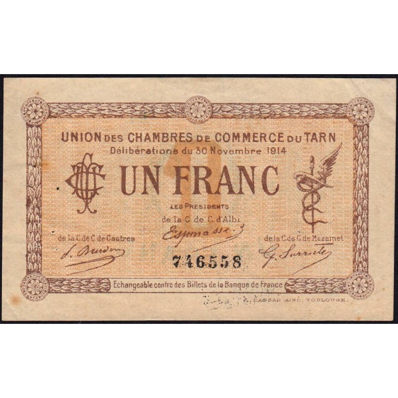 Albi, Castres, Mazamet (Tarn) - Pirot 5-5 - 1 franc - 30/11/1914 - Etat : TTB