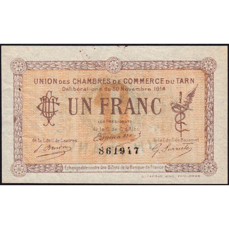 Albi, Castres, Mazamet (Tarn) - Pirot 5-5 - 1 franc - 30/11/1914 - Etat : TTB+