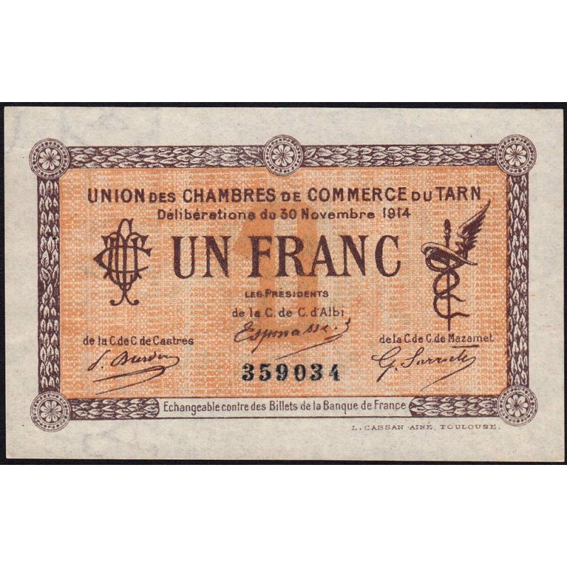 Albi, Castres, Mazamet (Tarn) - Pirot 5-5 variété - 1 franc - 30/11/1914 - Etat : SUP