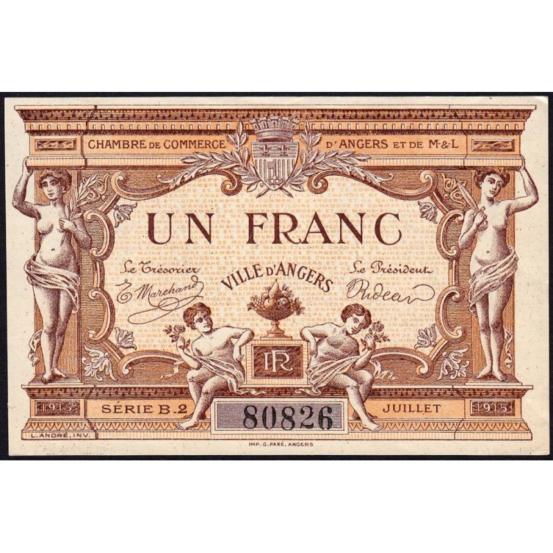 Angers (Maine-et-Loire) - Pirot 8-7- 1 franc - Série B2 - 07/1915 - Etat : SUP+