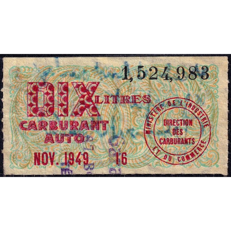 10 litres carburant auto - Novembre 1949 - Puy-de-Dôme - Etat : TB
