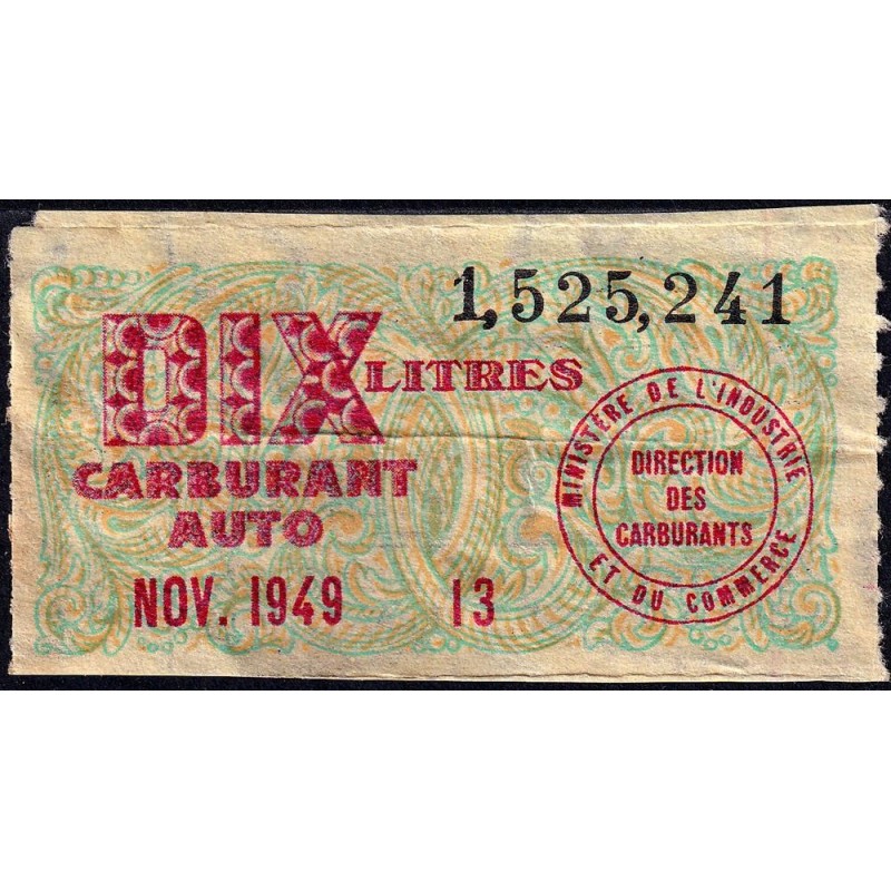 10 litres carburant auto - Novembre 1949 - Etat : TTB