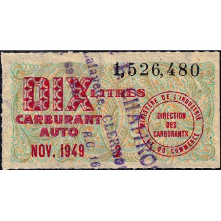 10 litres carburant auto - Novembre 1949 - Puy-de-Dôme - Etat : SUP