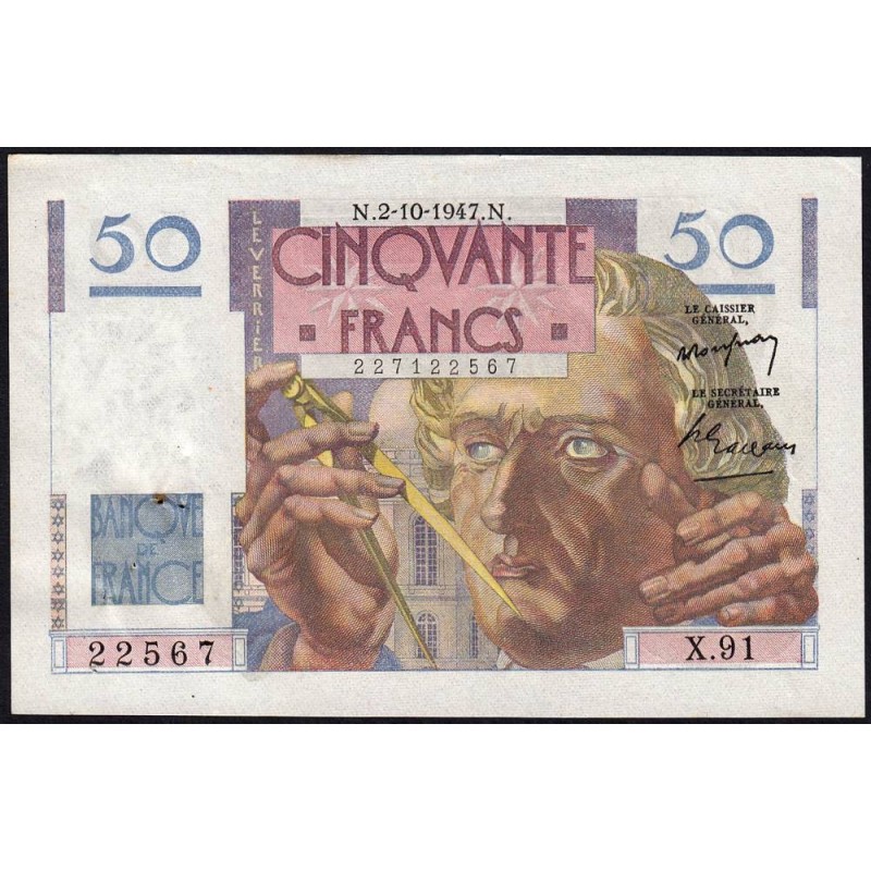 F 20-09 - 02/10/1947 - 50 francs - Le Verrier - Série X.91 - Etat : SUP+