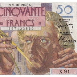 F 20-09 - 02/10/1947 - 50 francs - Le Verrier - Série X.91 - Etat : SUP+