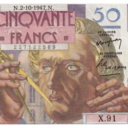 F 20-09 - 02/10/1947 - 50 francs - Le Verrier - Série X.91 - Etat : SUP+
