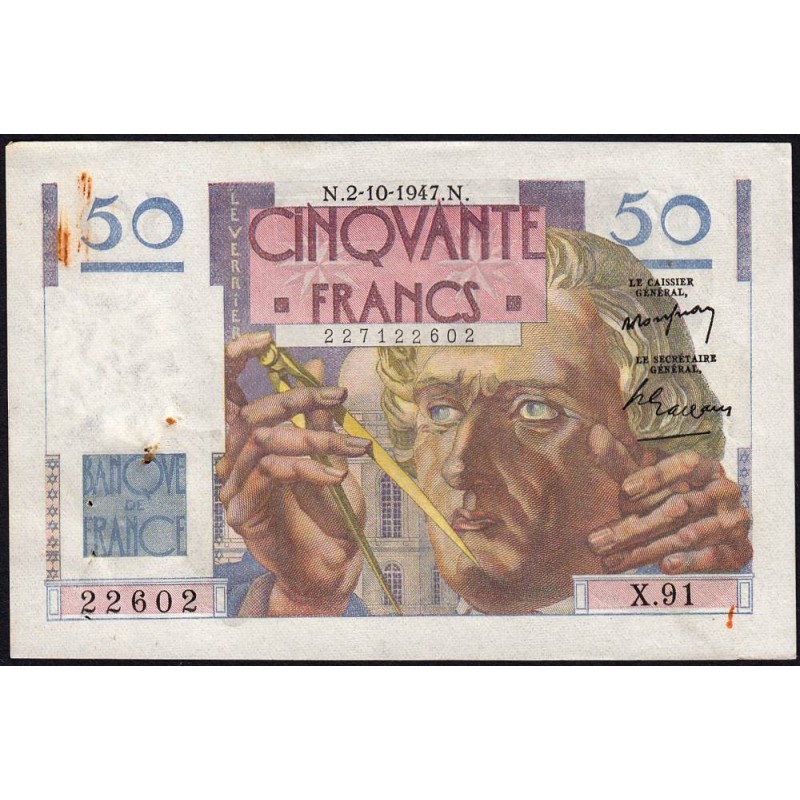 F 20-09 - 02/10/1947 - 50 francs - Le Verrier - Série X.91 - Etat : TTB