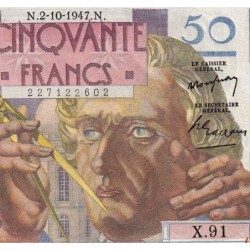 F 20-09 - 02/10/1947 - 50 francs - Le Verrier - Série X.91 - Etat : TTB