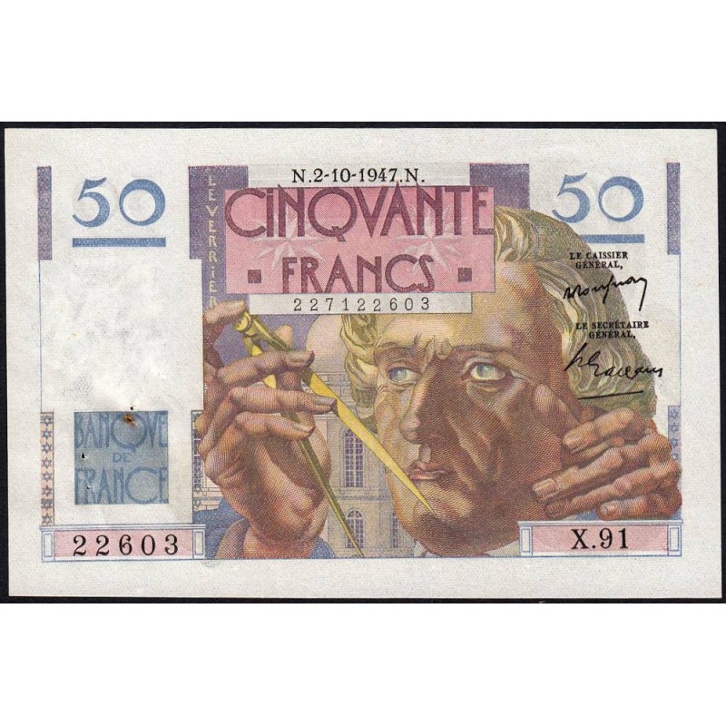 F 20-09 - 02/10/1947 - 50 francs - Le Verrier - Série X.91 - Etat : SUP