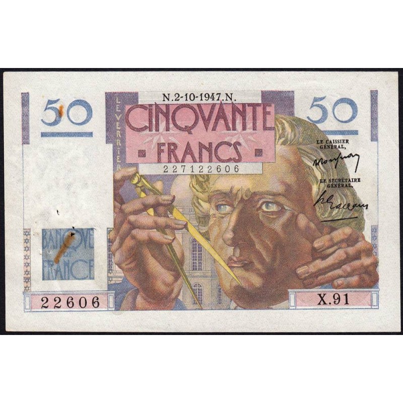 F 20-09 - 02/10/1947 - 50 francs - Le Verrier - Série X.91 - Etat : TTB+