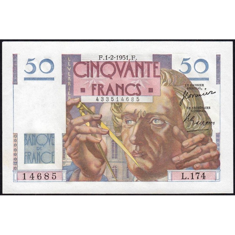 F 20-17 - 01/02/1951 - 50 francs - Le Verrier - Série L.174 - Etat : SPL
