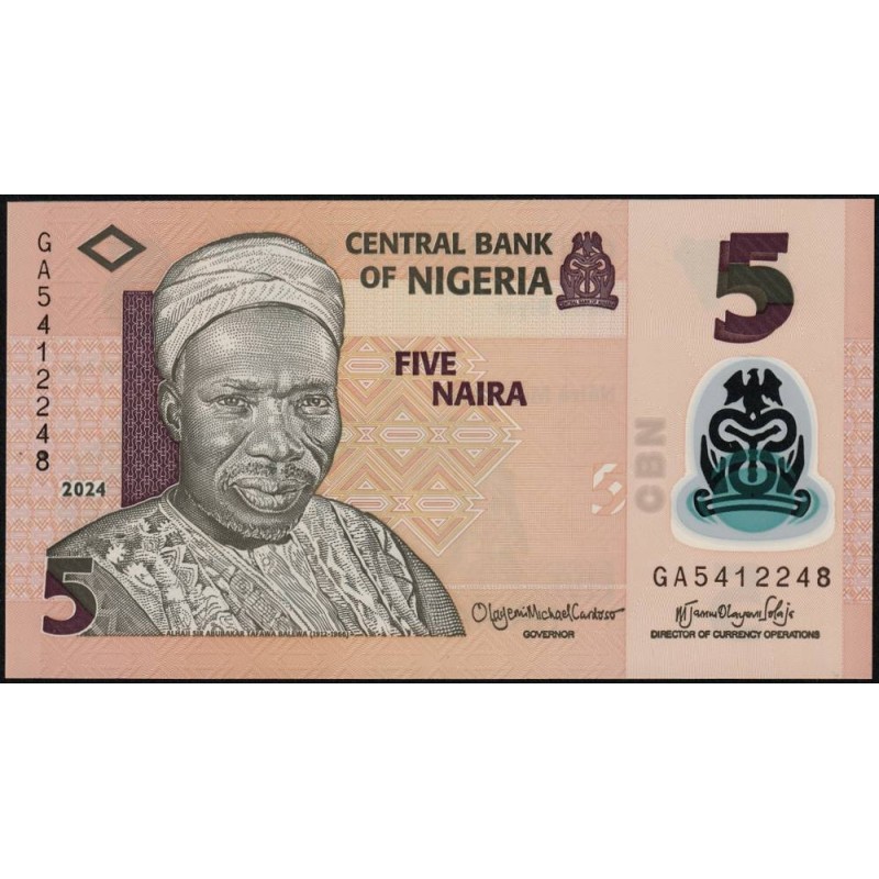 Nigéria - Pick 38n - 5 naira - Série GA - 2024 - Polymère - Etat : NEUF