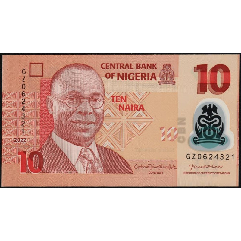 Nigéria - Pick 39m - 10 naira - Série GZ - 2022 - Polymère - Etat : NEUF