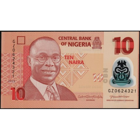 Nigéria - Pick 39m - 10 naira - Série GZ - 2022 - Polymère - Etat : NEUF
