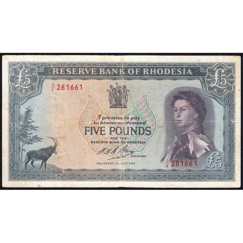 Rhodésie - Pick 29a - 5 pounds - Série J/4 - 01/07/1966 - Etat : TB à TB+