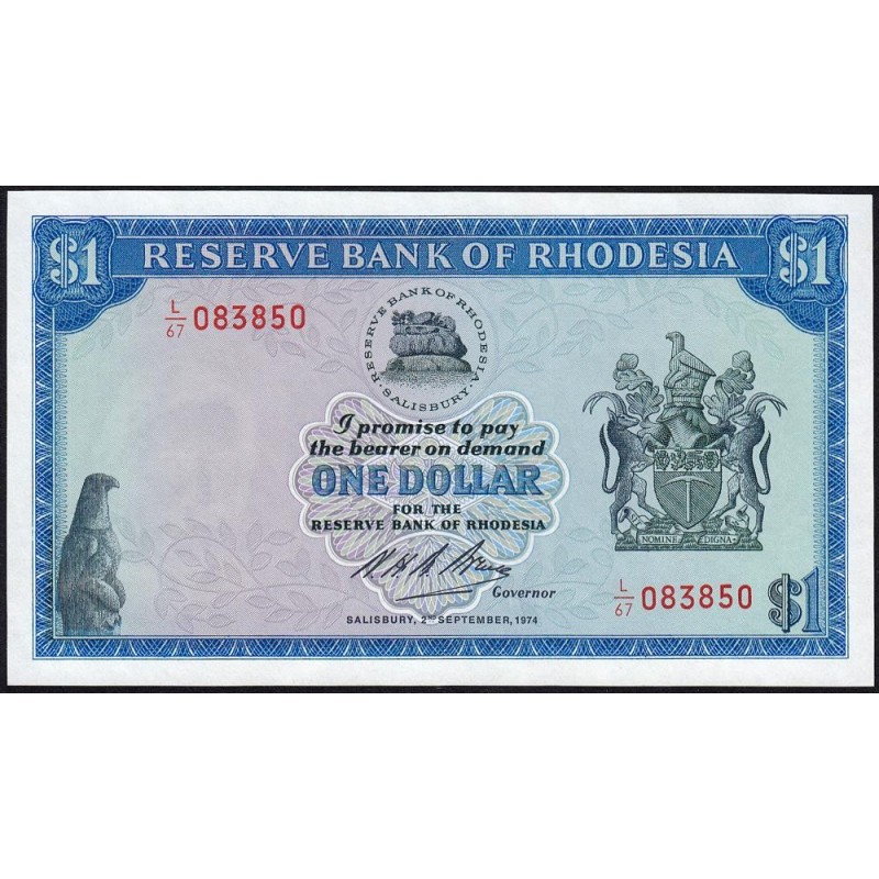 Rhodésie - Pick 30j - 1 dollar - Série L/67 - 02/09/1974 - Etat : NEUF
