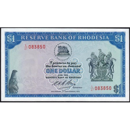 Rhodésie - Pick 30j - 1 dollar - Série L/67 - 02/09/1974 - Etat : NEUF