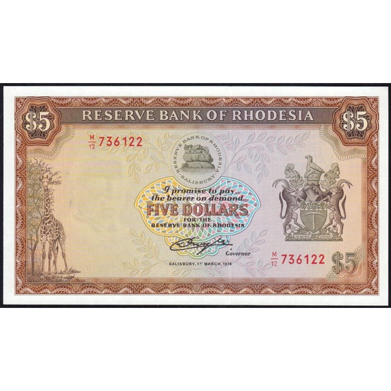 Rhodésie - Pick 36a - 5 dollars - Série M/12 - 01/03/1976 - Etat : NEUF