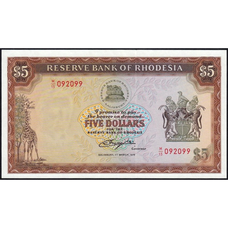 Rhodésie - Pick 36a - 5 dollars - Série M/13 - 01/03/1976 - Etat : NEUF