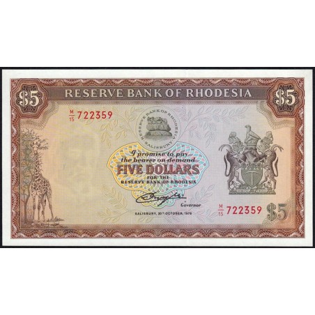 Rhodésie - Pick 36b - 5 dollars - Série M/15 - 20/10/1978 - Etat : NEUF