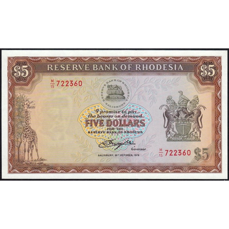 Rhodésie - Pick 36b - 5 dollars - Série M/15 - 20/10/1978 - Etat : NEUF