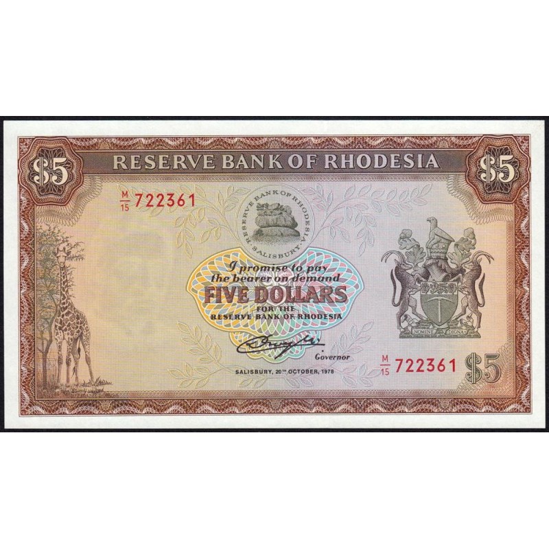 Rhodésie - Pick 36b - 5 dollars - Série M/15 - 20/10/1978 - Etat : NEUF