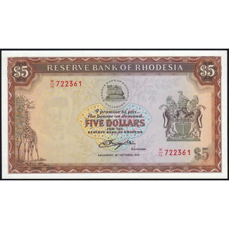 Rhodésie - Pick 36b - 5 dollars - Série M/15 - 20/10/1978 - Etat : NEUF