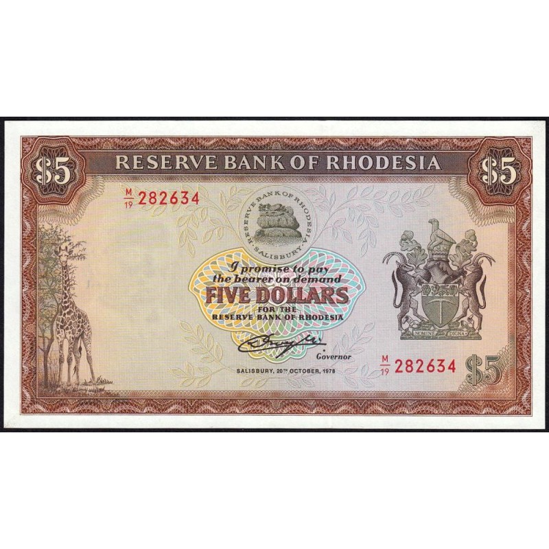 Rhodésie - Pick 36b - 5 dollars - Série M/19 - 20/10/1978 - Etat : NEUF