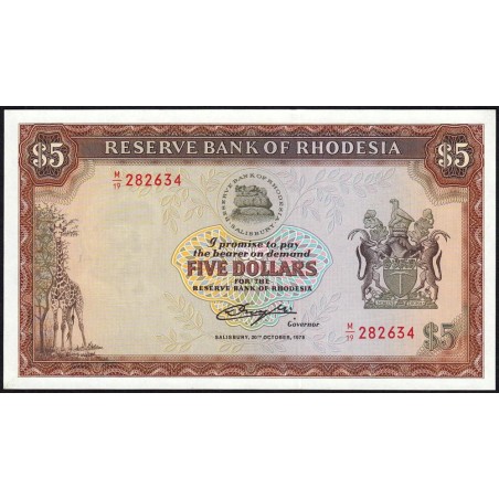 Rhodésie - Pick 36b - 5 dollars - Série M/19 - 20/10/1978 - Etat : NEUF