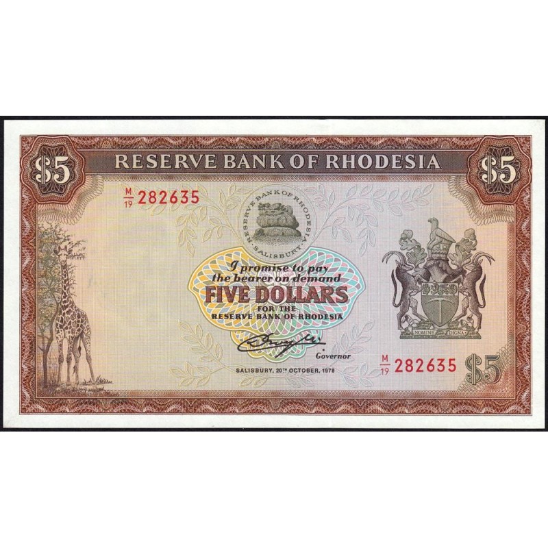 Rhodésie - Pick 36b - 5 dollars - Série M/19 - 20/10/1978 - Etat : NEUF