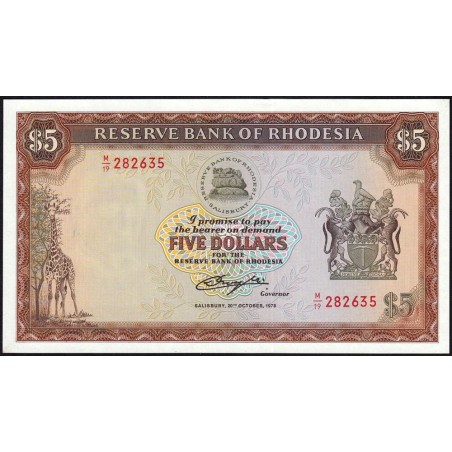 Rhodésie - Pick 36b - 5 dollars - Série M/19 - 20/10/1978 - Etat : NEUF