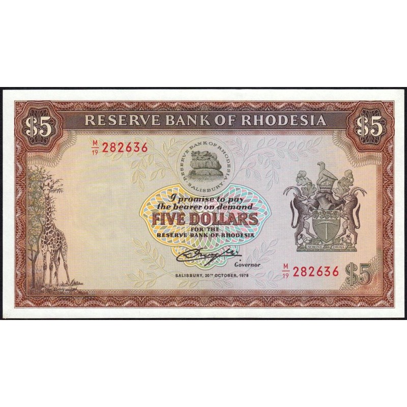 Rhodésie - Pick 36b - 5 dollars - Série M/19 - 20/10/1978 - Etat : NEUF