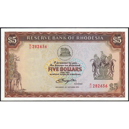 Rhodésie - Pick 36b - 5 dollars - Série M/19 - 20/10/1978 - Etat : NEUF