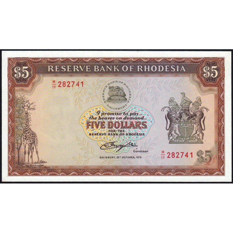 Rhodésie - Pick 36b - 5 dollars - Série M/19 - 20/10/1978 - Etat : NEUF