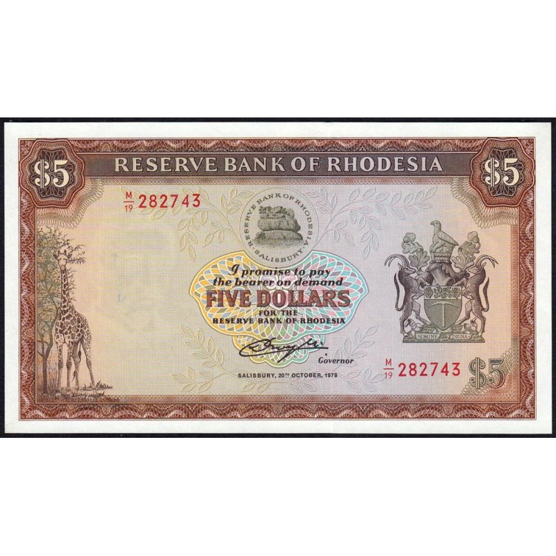 Rhodésie - Pick 36b - 5 dollars - Série M/19 - 20/10/1978 - Etat : NEUF