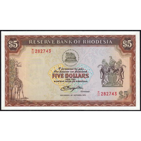 Rhodésie - Pick 36b - 5 dollars - Série M/19 - 20/10/1978 - Etat : NEUF