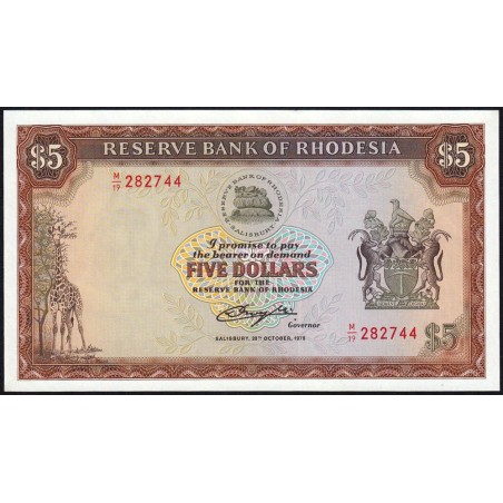 Rhodésie - Pick 36b - 5 dollars - Série M/19 - 20/10/1978 - Etat : NEUF