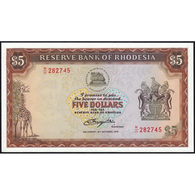 Rhodésie - Pick 36b - 5 dollars - Série M/19 - 20/10/1978 - Etat : NEUF