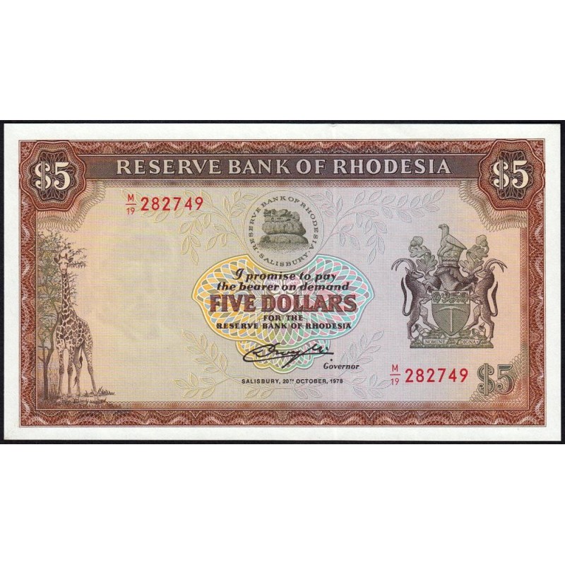 Rhodésie - Pick 36b - 5 dollars - Série M/19 - 20/10/1978 - Etat : NEUF