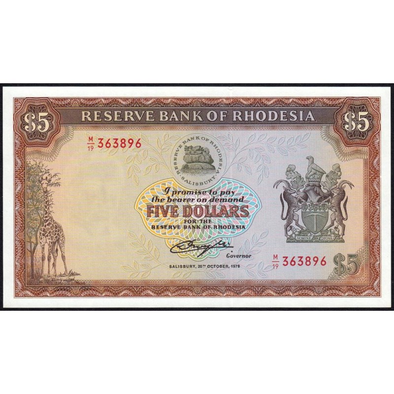 Rhodésie - Pick 36b - 5 dollars - Série M/19 - 20/10/1978 - Etat : NEUF