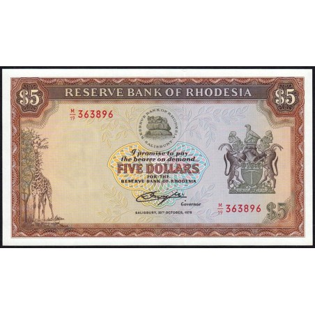 Rhodésie - Pick 36b - 5 dollars - Série M/19 - 20/10/1978 - Etat : NEUF