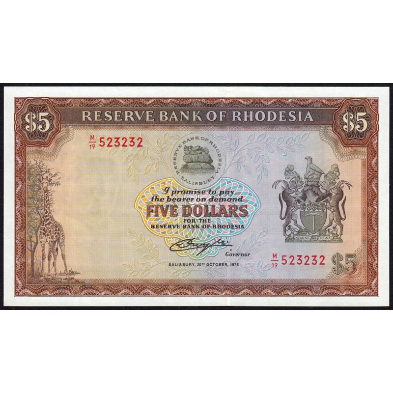 Rhodésie - Pick 36b - 5 dollars - Série M/19 - 20/10/1978 - Etat : NEUF