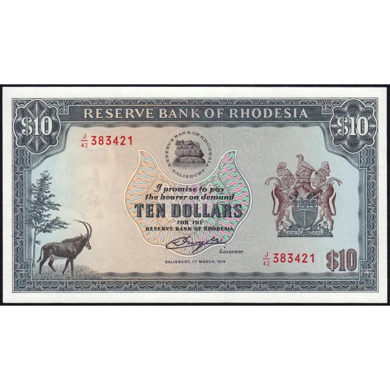 Rhodésie - Pick 37a - 10 dollars - Série J/42 - 01/03/1976 - Etat : NEUF
