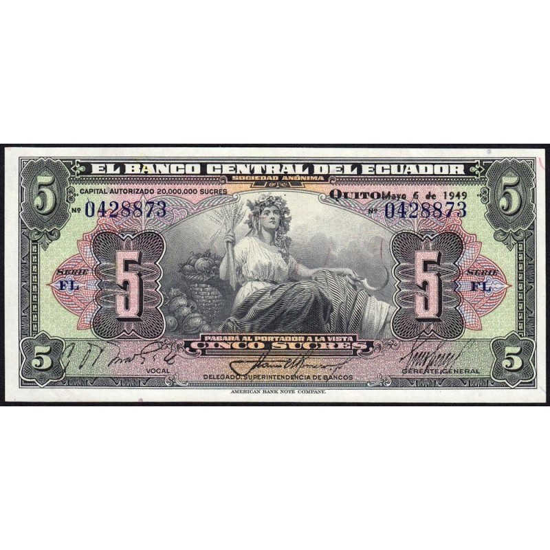 Equateur - Pick 91c_10 - 5 sucres - Série FL - 06/05/1949 - Etat : pr.NEUF