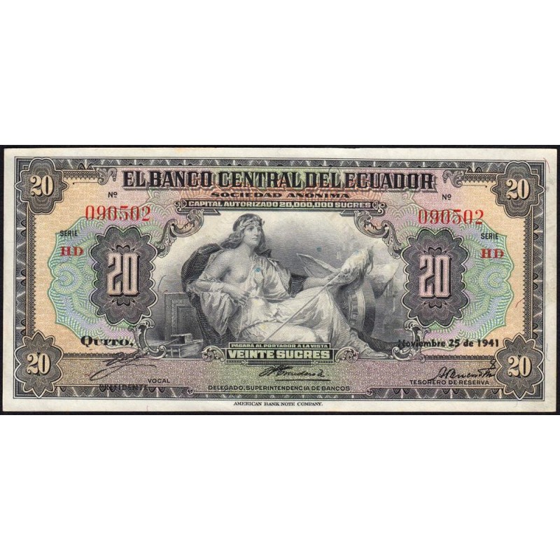 Equateur - Pick 93c - 20 sucres - Série HD - 25/11/1941 - Etat : TTB+ à SUP