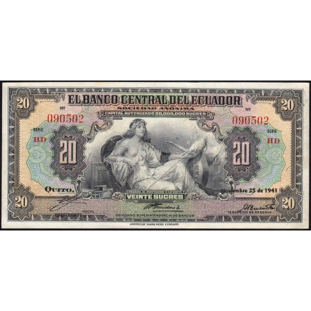 Equateur - Pick 93c - 20 sucres - Série HD - 25/11/1941 - Etat : TTB+ à SUP